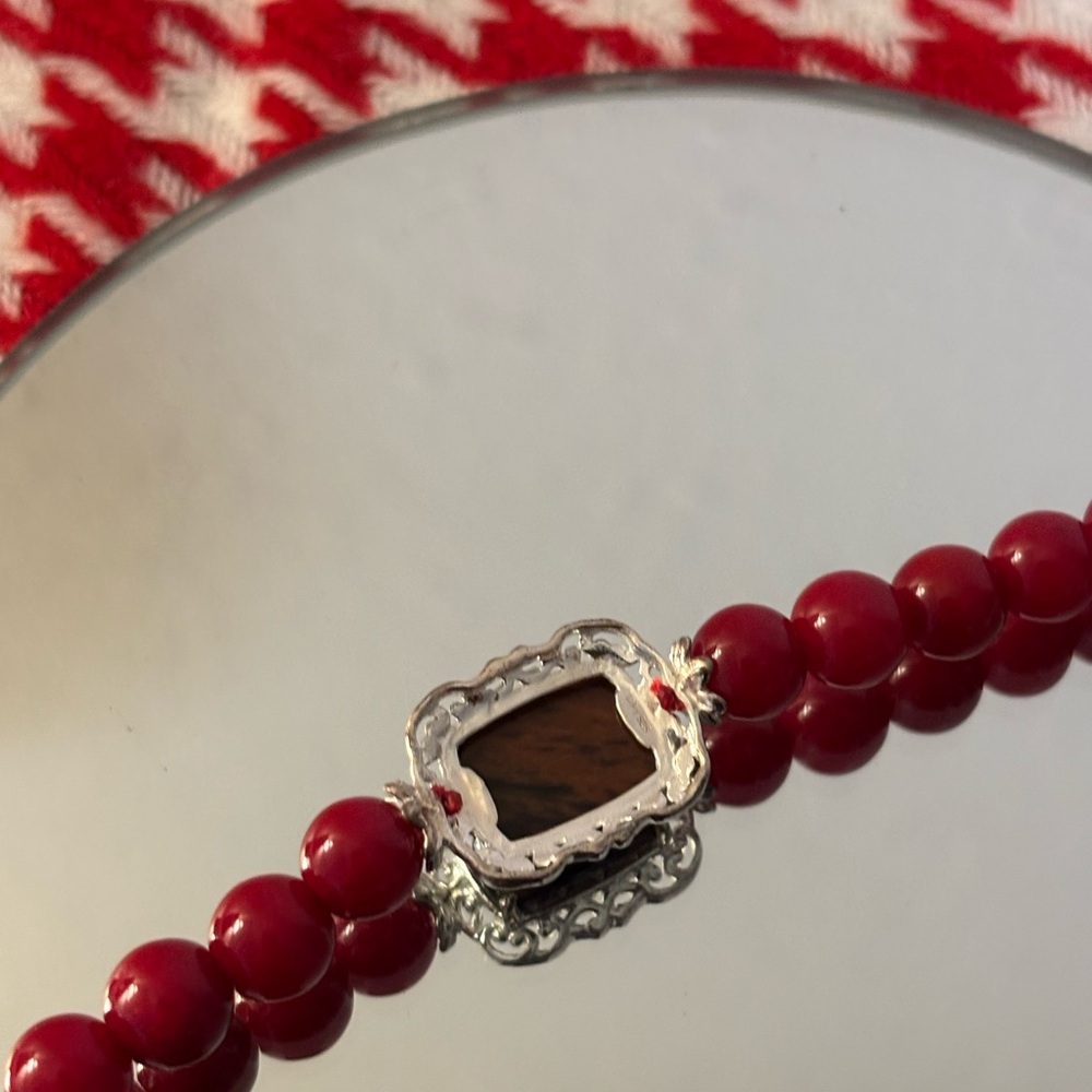 Elegant Red Quartzite Beaded Necklace with Coffee Obsidian and Silver Accents - Picture 5 of 11